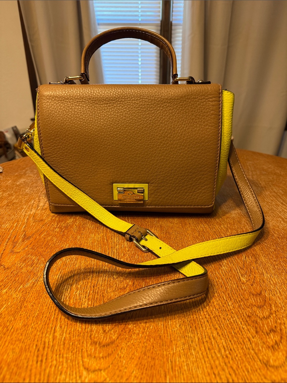 kate spade Brown Pebbled Leather Top-Handle Satchel with Yellow Strap
